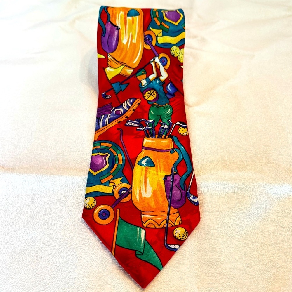 Vintage Bellagio Golf Neck Tie Bright Colors Golfers 100% Silk Made in Italy